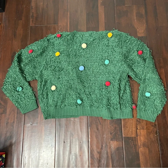 Mighty Fine Christmas Tree Cardigan Sweater Women's 1X Green W/ Color Pom Poms - Picture 7 of 7